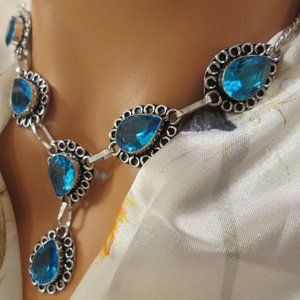 AQUAMARINE GEMSTONE LADIES  LABCREATED 925 STERLING SILVER NECKLACE